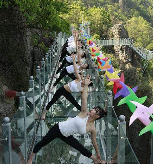 瑜伽達人登馬仁奇峰200米天梯玻璃棧道挑戰(zhàn)高空瑜伽